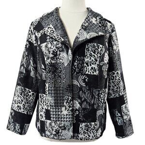 CJ Banks Black Gray Multi Print Floral Animal Patchwork Jacket Artsy Art to Wear